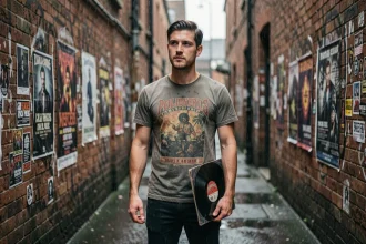 Jeune homme britannique tenant un vinyle dans une ruelle pluvieuse de Sheffield, évoquant l'influence des groupes de rock anglais sur une génération