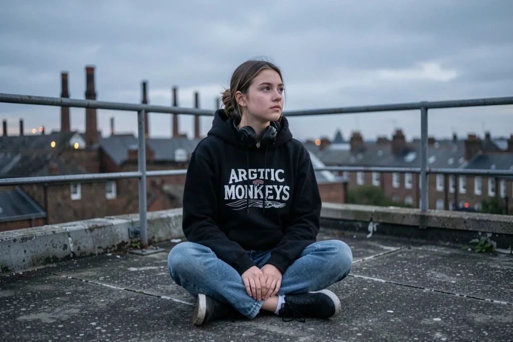 Jeune femme portant un sweat Arctic Monkeys assise sur un toit de Leeds, contemplant le paysage urbain industriel, symbole d'une génération bercée par le rock britannique