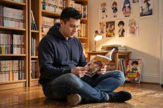 Jeune homme lisant passionnément un manga Jujutsu Kaisen dans un appartement chaleureux rempli de livres