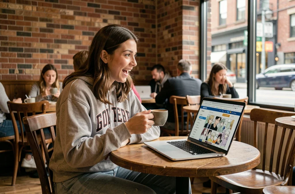 Jeune femme découvrant des scans de manga Jujutsu Kaisen sur son ordinateur portable dans un café urbain