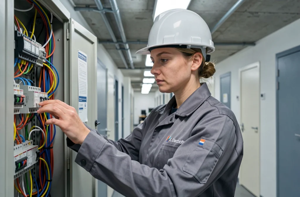 Électricienne L.S Électricité travaillant sur un coffret électrique dans un bureau parisien