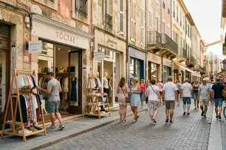 Rue commerçante de Montpellier ouverte un dimanche avec des boutiques accessibles et des passants faisant leurs achats