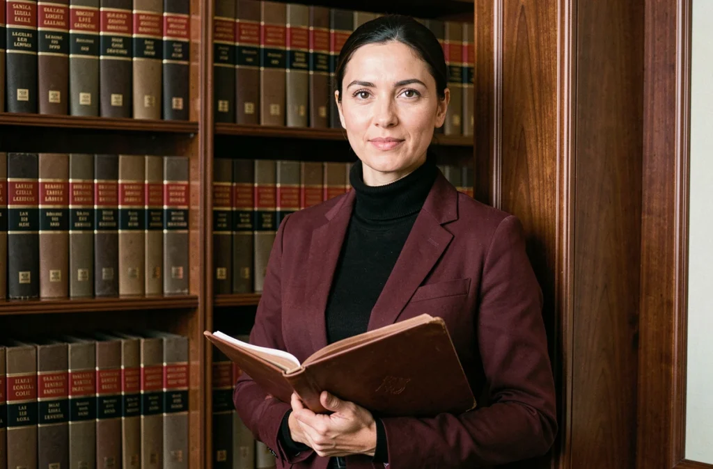 Maître Céline Apkaryan, avocate aux cheveux noirs, debout devant une bibliothèque juridique dans son cabinet