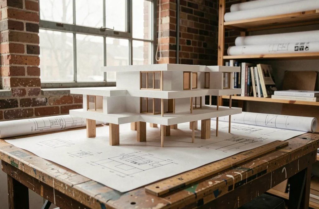 Maquette architecturale d'un projet inspiré de Marcel Breuer sur une table à dessin avec plans et esquisses dans un atelier d'architecte