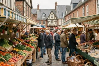 Marché de Deauville animé avec étals colorés de fruits et légumes frais sous des auvents rayés, foule de touristes et de locaux déambulant entre les stands