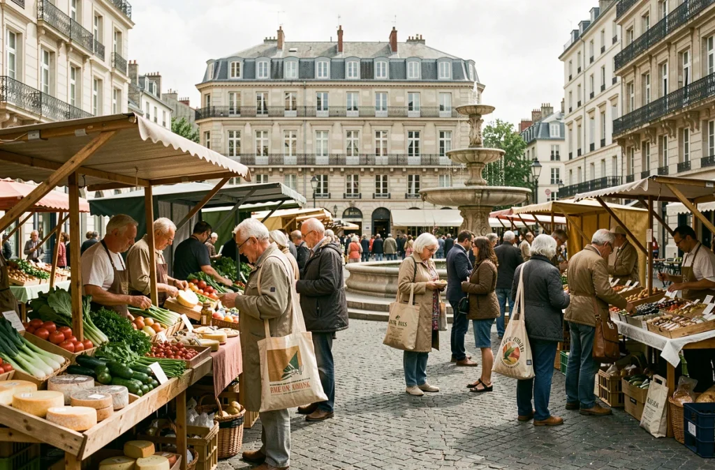 Marché dominical animé place de la Comédie à Montpellier avec des étals de produits locaux ouverts le dimanche