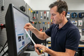 Technicien mesurant un écran de 19 pouces avec un ruban métrique dans un atelier électronique moderne