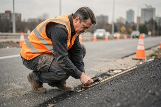 Ingénieur civil mesurant la pente d'une route avec un inclinomètre numérique sur un chantier urbain