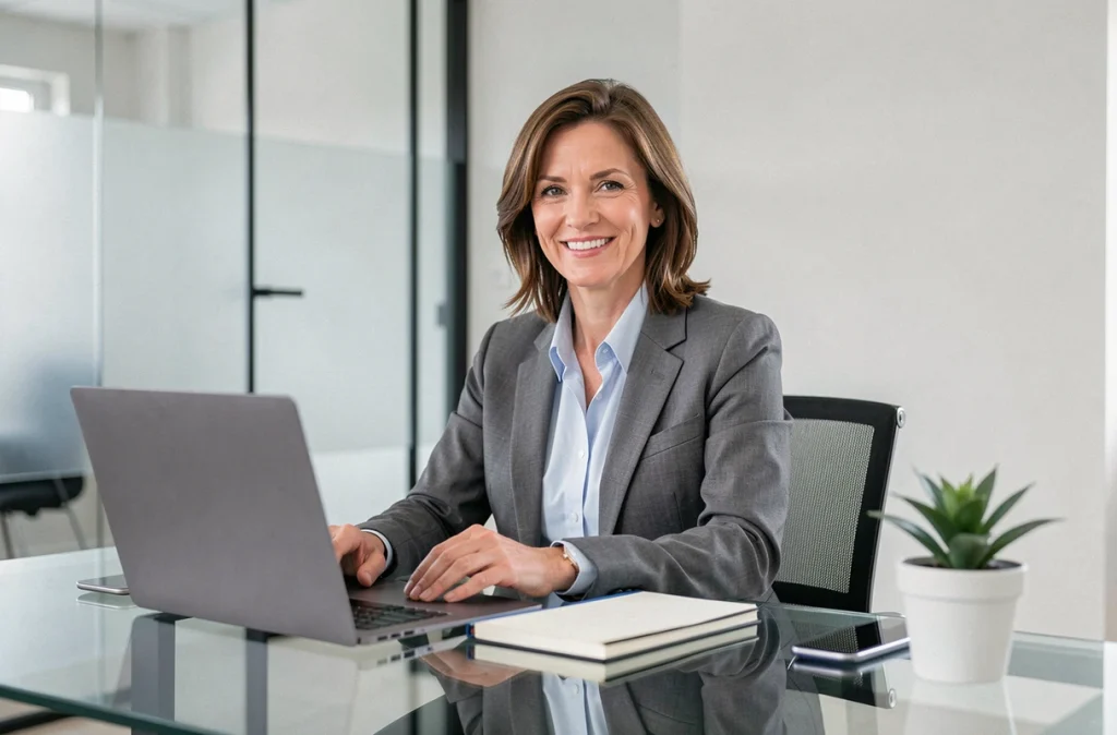 Monconduit Christelle, avocate souriante assise à son bureau en verre dans un cabinet contemporain