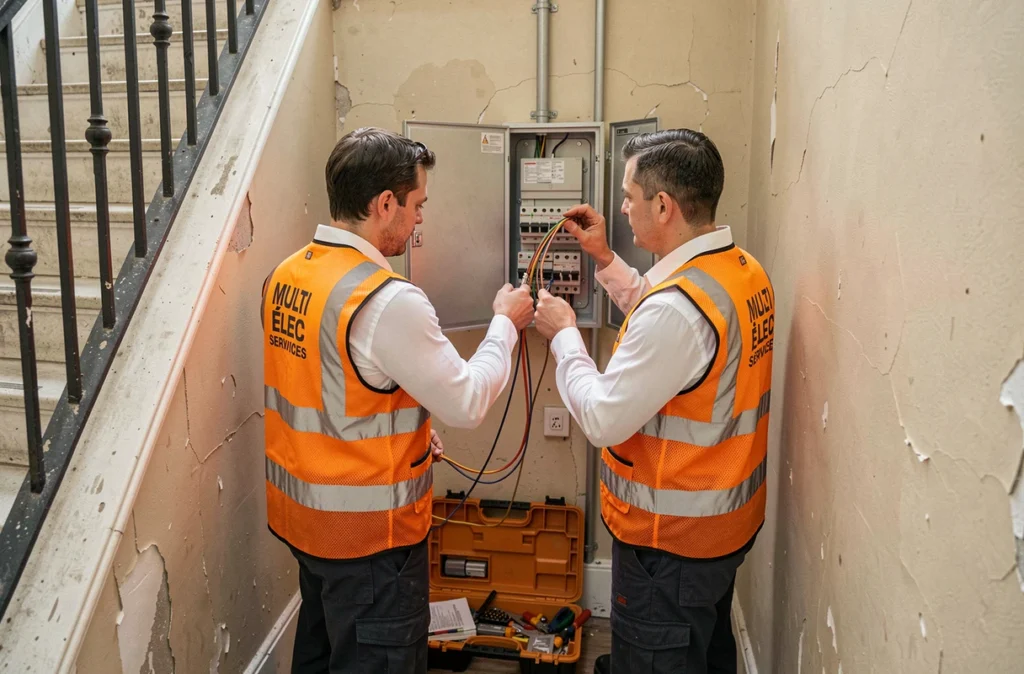 Deux techniciens Multi Élec Services installant un tableau de distribution dans une cage d'escalier parisienne