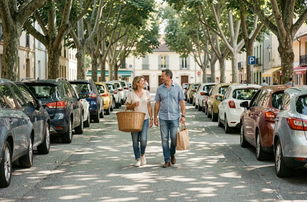 Couple se dirigeant vers le marché de Deauville depuis un parking ombragé en bord de ville, femme portant un panier en osier tressé