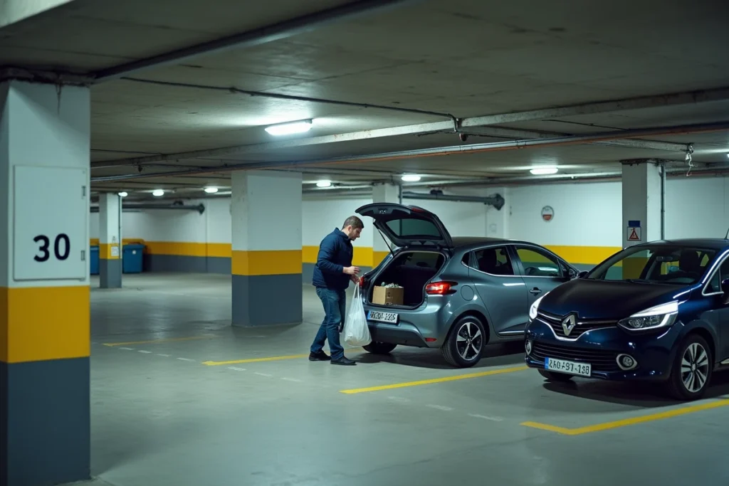 Parking souterrain d'un supermarché Lidl parisien avec voitures garées et client chargeant ses courses