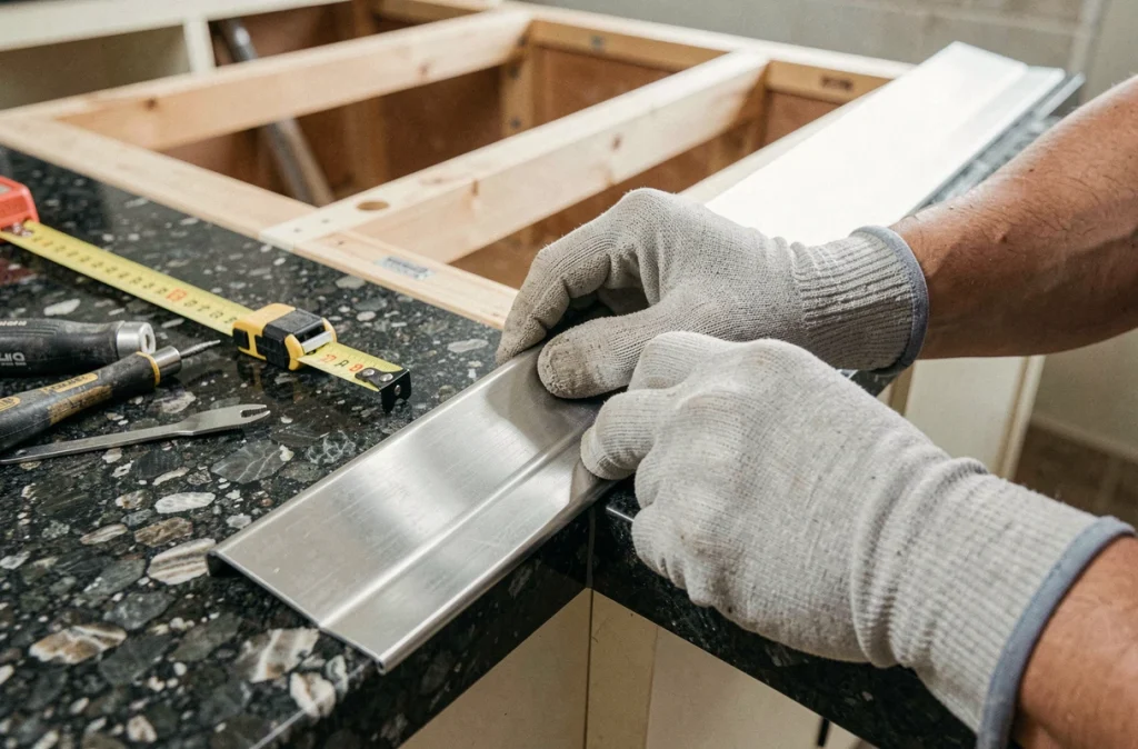 Pose d'un profil L en inox poli sur un plan de travail en granit foncé lors d'une rénovation de cuisine