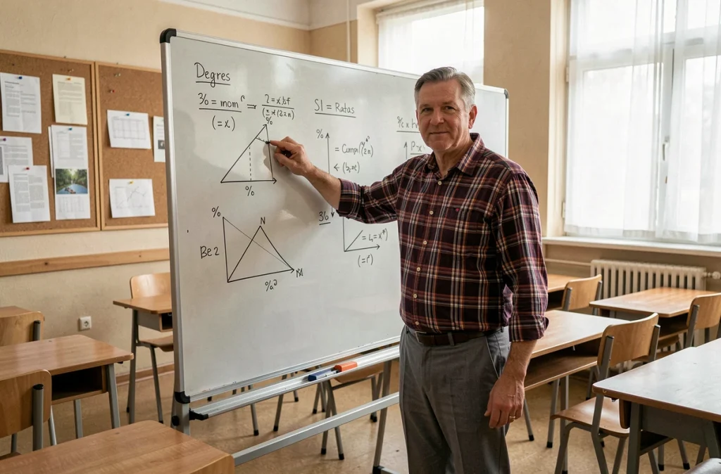 Professeur de mathématiques expliquant la conversion de degrés en pourcentage de pente sur un tableau blanc en classe