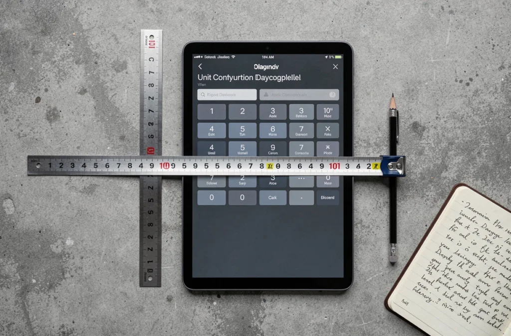 Vue de dessus d'une règle en centimètres et pouces posée sur un béton gris à côté d'une calculatrice de conversion sur tablette