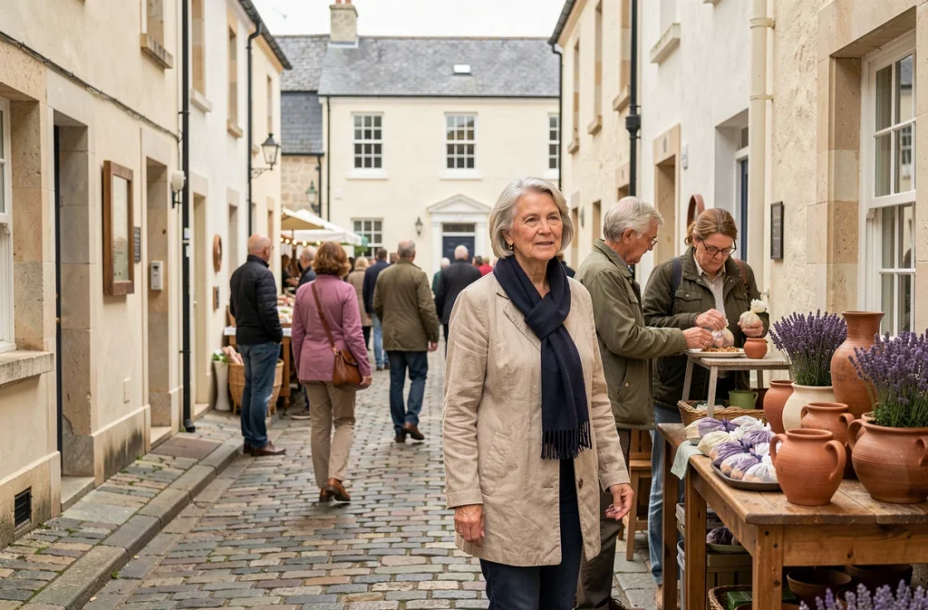 Femme élégante se promenant dans une ruelle pavée calme lors du marché de Deauville, stands d'artisanat en arrière-plan sur architecture normande typique