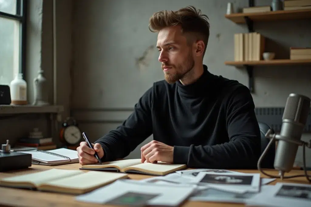Artiste hip-hop concentré sur l'écriture de paroles dans un studio industriel minimaliste, illustrant le processus créatif et le storytelling de SCH