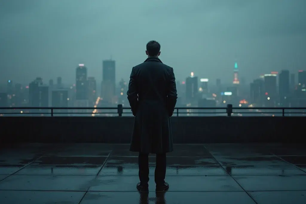 Silhouette masquée en imperméable noir sur un toit sous la pluie avec panorama urbain, symbolisant le personnage mythifié et le storytelling visuel de SCH