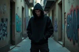 Jeune rappeur en hoodie noir dans une ruelle urbaine de Marseille, évoquant l'univers sombre et mystérieux du rappeur SCH