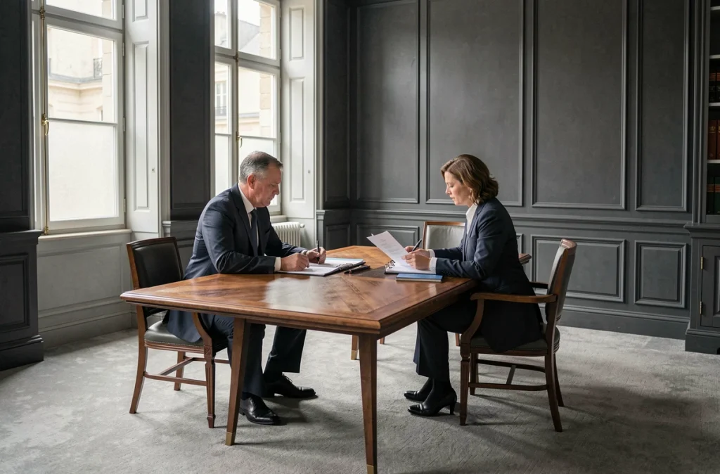 Les associés de SCP Persidat Verdet en réunion autour d'une table de conférence dans leur cabinet