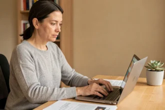 Femme sécurisant son compte client EDF ENR sur un ordinateur portable dans un bureau à domicile