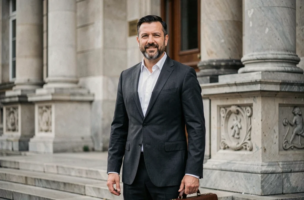 Skander Sami, avocat en costume anthracite, debout devant les marches d'un palais de justice français