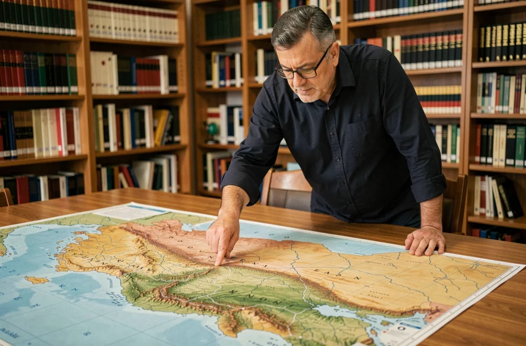 Géographe étudiant la carte de la Turquie pays à cheval entre l'Europe et l'Asie