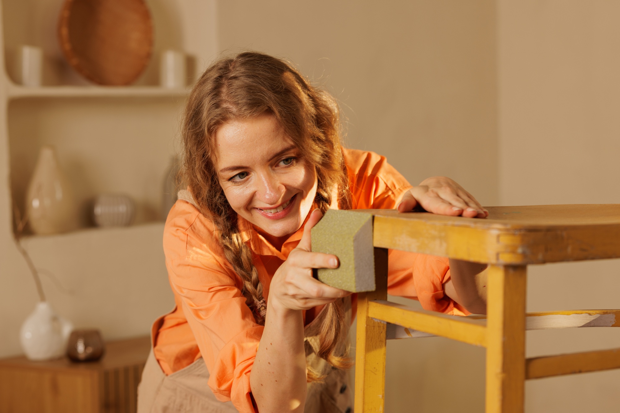Woman Sanding Vintage Wooden Chair Restoration DIY Furniture Repair Process